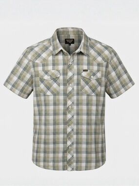 Seager Ranch Hand Shirt Large Tan Olive Plaid Western Short Sleeve Cotton